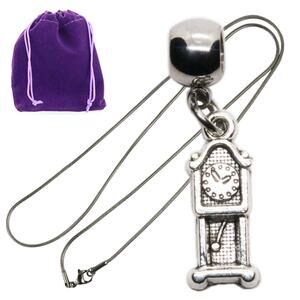 Delicate Grandfather Clock Pendant Necklace for Women, Silver Tone Charm Jewelry